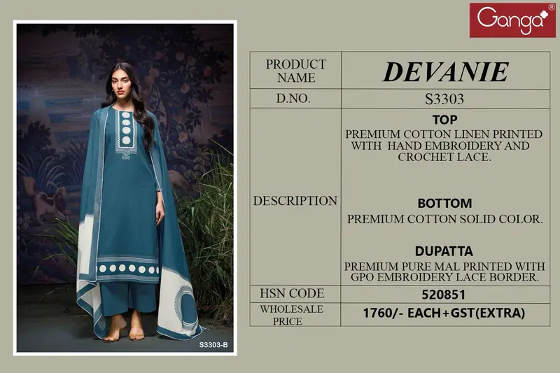 Devanie 3303 by Ganga Cotton LinenWholesale Salwar Suit Suppliers In Mumbai